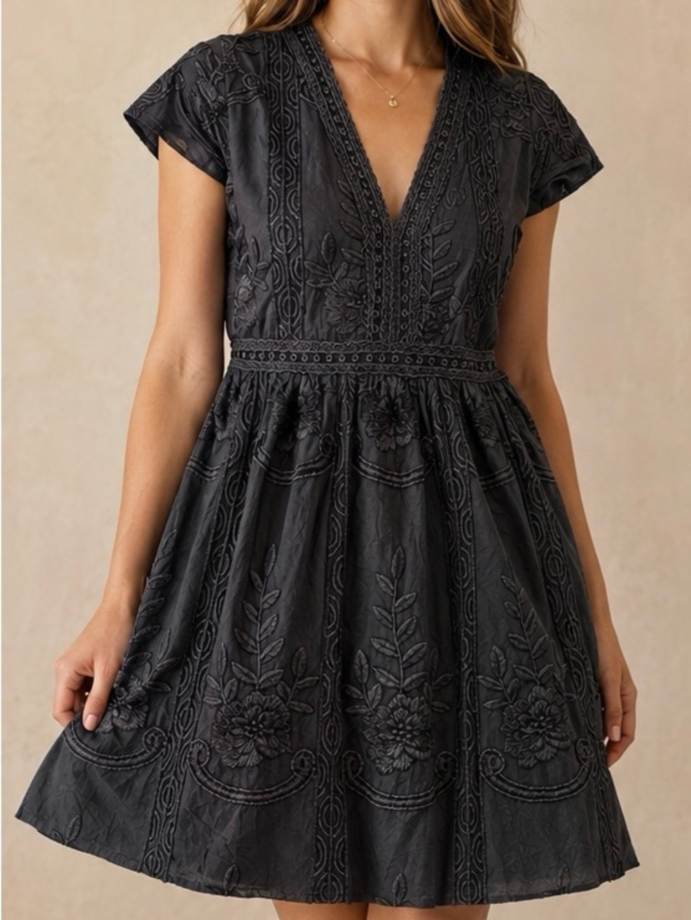 IJOAH Black Embroidered Mesh Mini Dress M Floral Sheer Boho Cottagecore Romantic